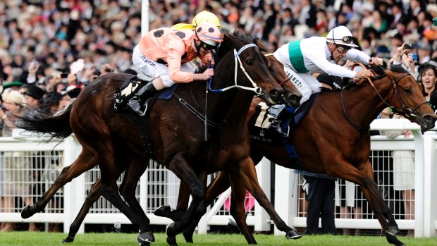 Luke Nolen riding Black Caviar (salmon and black spots) wins the Diamond Jubilee Stakes during day five of Royal Ascot in 2012.