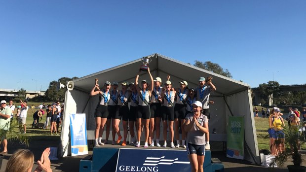 The winning MLC (Methodist Ladies College) crew from the Head of the Schoolgirls, Open Division 1 Eight - crew members are Phoebe Wolf, Gemma Dabkowski, Sophie Balson, Chloe Sheats, Mabel Li, Ruby Gioulekas, Zoe Crowston, Olivia Slifirski and Phoebe Georgakas and coached by Alison Crowe MLC were also the overall winning school at regatta with ten gold medals. 