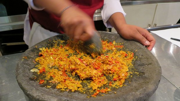 Making Balinese spice mix (bumbu) at Mosaic restaurant in Ubud.