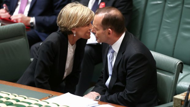 Foreign Minister Julie Bishop talks strategy with Prime Minister Tony Abbott in Parliament House.