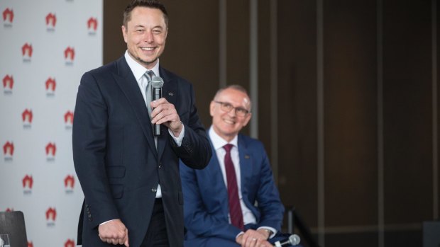 Tesla chief executive Elon Musk (left) and SA Premier Jay Weatherill announced the world's biggest lithium ion battery would be built in South Australia.