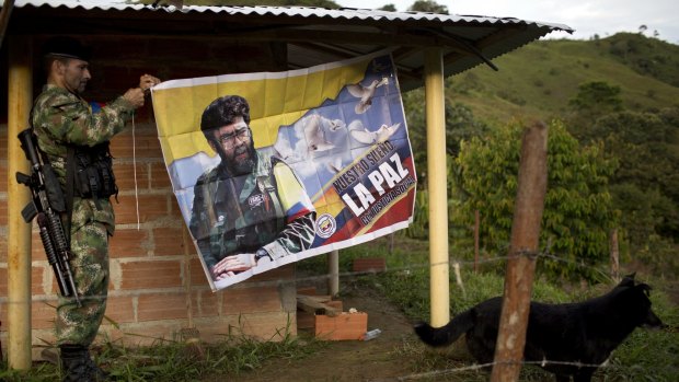 A FARC rebel hangs a banner featuring the late rebel leader Alfonso Cano with a message that reads: "Our dream is peace with social justice".
