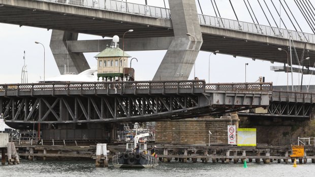 The swing mechanism on the Glebe Island Bridge. The bridge has been permanently in the "open" position for the past decade.