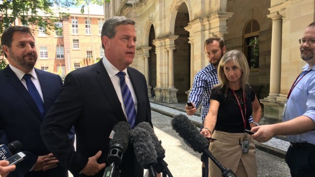 Opposition transport spokesman Andrew Powell and Opposition Leader Tim Nicholls speak to media about the Strachan Inquiry.