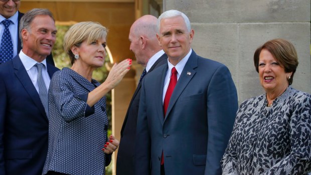 Mike Pence and Julie Bishop at a reception for Australian and US servicemen and women at Admiralty House in Kirribilli. 