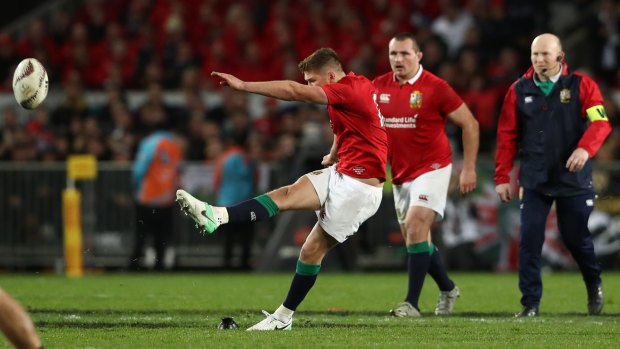 On target: Lions goal-kicker Owen Farrell, who barely missed a shot all tour, levels the scores in the third and final Test against the All Blacks.