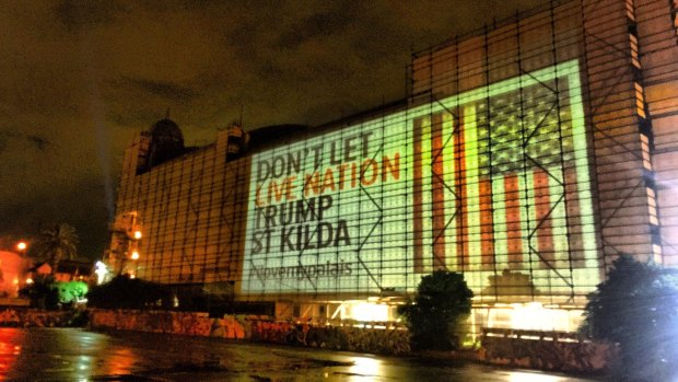 Opponents of music giant Live Nation getting a lease for The Palais last week projected this image onto the venue. 