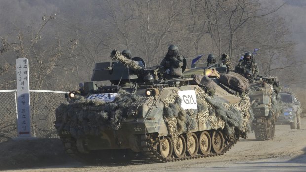 South Korean armoured vehicles on the move during the annual exercise against a possible North Korean attack in Paju, near the border.