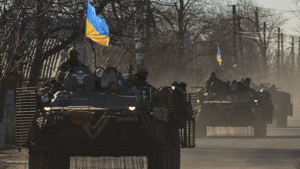 Ukraine's armoured personnel carriers en route to a front-line position east of  Mariupol in March. 