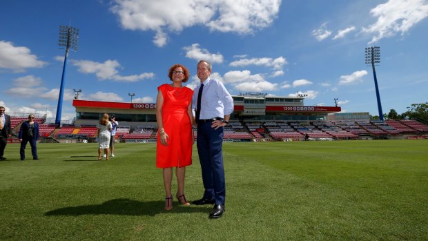 Opposition Leader Bill Shorten and ALP candidate for Herbert Cathy O'Toole (right) visit the 1300Smiles Stadium, home ground of the Cowboys, in Townsville, last month.