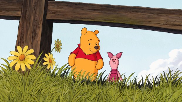 Pooh and Piglet wander in the meadow of friendship.