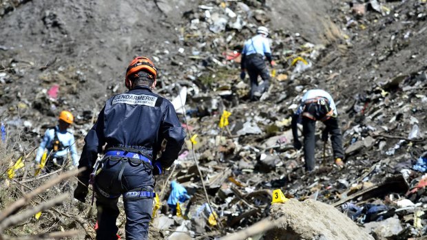 French emergency services at the crash site of the Germanwings jet in Seyne-les-Alpes in March  last year.