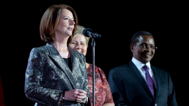 Former Prime Minister of Australia Julia Gillard, former Tanzania President Jakaya Kikwete, and Prime Minister of Norway Erna Solberg present onstage at the 2016 Global Citizen Festival in Central Park To End Extreme Poverty By 2030 at Central Park on September 24, 2016 in New York City. 