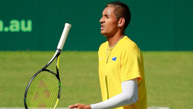 No sweat: Nick Kyrgios kept his cool in his straight-sets victory against Slovakian Andrej Martin in Australia's Davis Cup play-off on Friday.