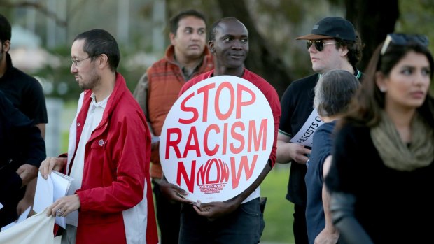 Anti racism crowds protested at the Casey Civic Centre.