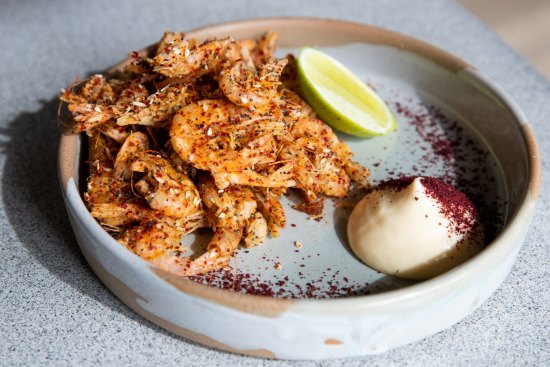 Crisp-fried Hawkesbury River School prawns with lemon myrtle, togarashi and Kewpie mayo. 