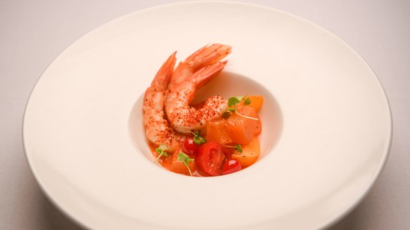 King prawns with a tomato-jalapeno liquor and a sweet crunch of melon.