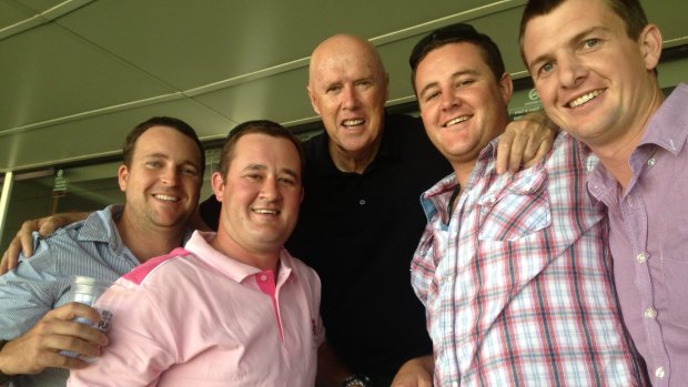Left to right: Sydney Test match enthusiasts; Chris Berry (Trundle), Grant Walker (Theodore), Kerry O'Keeffe, Steve Walker (Forbes) and Peter Clarke (Bathurst) enjoy a day out at the cricket.