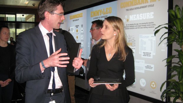 NSW Minister Dominic Perrottet (left) with CBA's Kelly Bayer Rosmarin at the launch of the Innovation Centre on Thursday.
