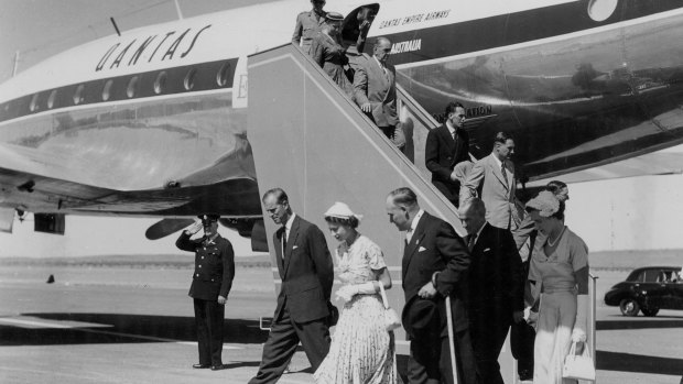 Queen Elizabeth during her 1954 visit, where she toured the country on board a Qantas Lockheed Constellation L749.