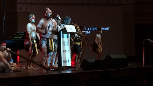 Nunukul Yuggera Aboriginal dance group performs the traditional Welcome to Country at the 2015 Asia Pacific Cities Summit in Brisbane.