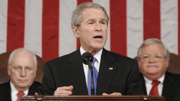 In this January 31, 2006 file photo, President Bush gives his fifth State of the Union speech on Capitol Hill in Washington. Behind Bush is Speaker of the House Dennis Hastert, and Vice President Dick Cheney, left.