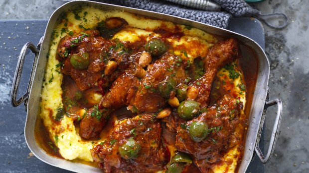 Braised chicken with olives and almonds, pictured here with polenta. 