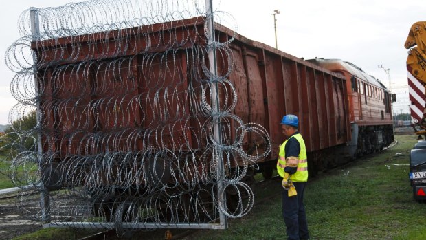 Razor wire to be used in closing the border between Hungary and Croatia is carried on a train wagon at the railway station in Zakany, Hungary, on Friday.