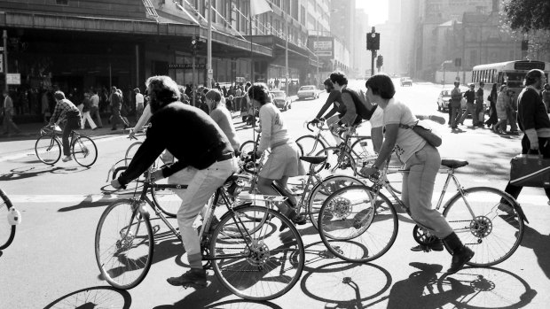 Cyclists in the Sydney CBD on a ride for World Environment Day, June 5, 1976.