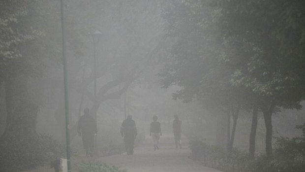 People walk in a park amid heavy dust and smog on November 7.