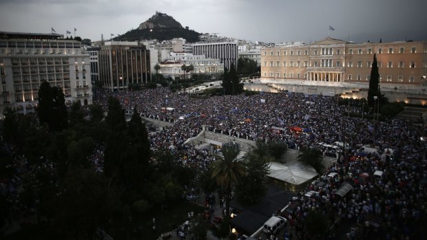 Protesters gather in support of the European Union in Athens on Tuesday.