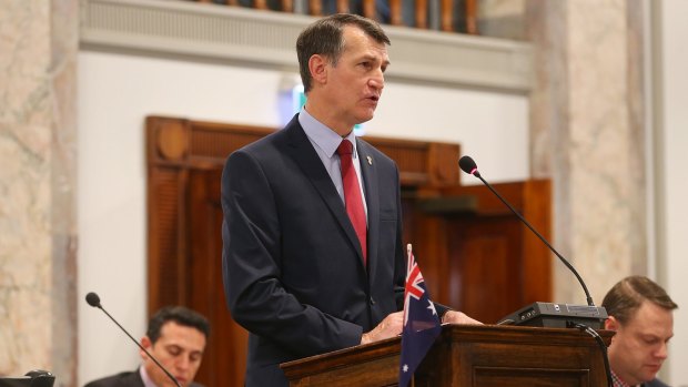 Brisbane Mayor Graham Quirk delivers his budget speech.