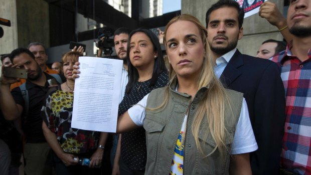 Lilian Tintori, left, wife of jailed opposition leader Leopoldo Lopez, outside of the Ombudsman's offices in Caracas last week.
