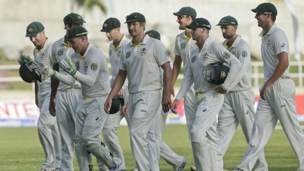 Australia's players leave the field after day three of the second Test against the West Indies at Sabina Park in Jamaica.
