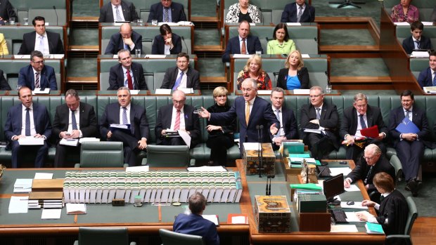 Prime Minister Malcolm Turnbull and his frontbench during question time at Parliament House in Canberra. 