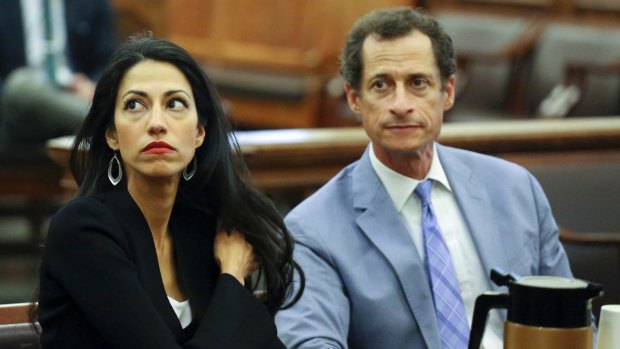 Anthony Weiner, right, and Huma Abedin in court on Wednesday for their divorce proceedings.