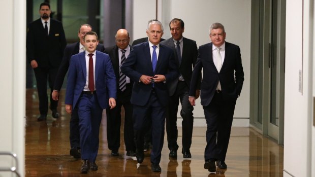 Malcolm Turnbull and supporters arrives for the leadership ballot.