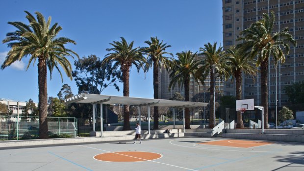 A basketball court in Neill Street, Carlton, where park space was created out of a street.
