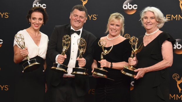 Amanda Abbington, left, with her co-winners from 'Sherlock': Steven Moffat, Sue Vertue, and Rebecca Eaton.