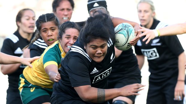 Aotearoa Mata'u of the Black Ferns is tackled during the international womens Test match between the New Zealand Black Ferns and the Australian Wallaroos at Eden Park.