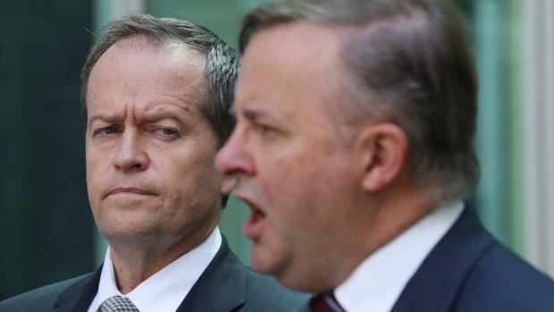 Opposition Leader Bill Shorten andAnthony Albanese during a press conference in Canberra.