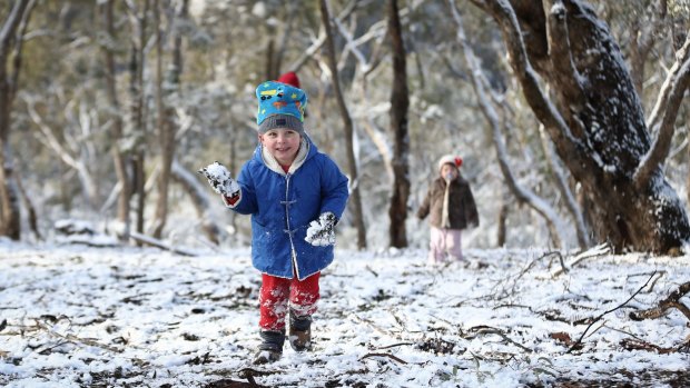 Four-year-old Max Richardson and one-year-old Rose Richardson at Mt Ainslie, which received snowfall in the early hours of the morning.