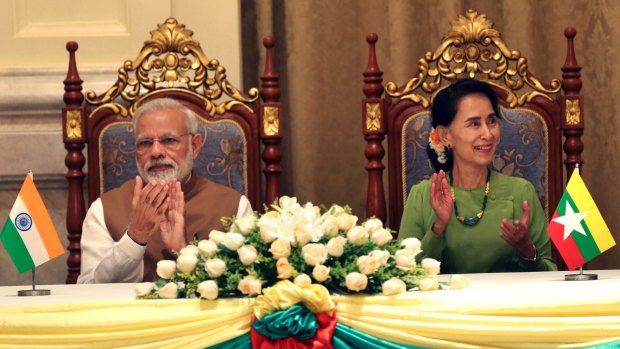 Aung San Suu Kyi, right, meets with India's Prime Minister Narendra Modi at the Presidential Palace in Naypyitaw, Myanmar on Wednesday.