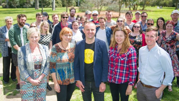 Canberra Labor party volunteers, candidates and Chief Minister Andrew Barr celebrate their election win at Corroborree Park in Ainslie.