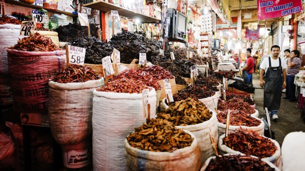 A stall specialising in dried chillies at the Mercado de la Merced in Mexico City. 