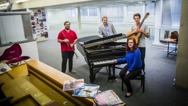 The ANU School of Music will get a $1 million facelift. Head of the school Peter Tregear,  centre, is pictured with students (from left) Conagh McMahon-Hogan, 21, Hannah Bragg, 22 and Cal Henshaw, 24.