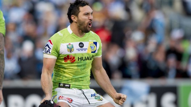 Raiders winger Jordan Rapana reacts when Andrew Fifita's try is disallowed.