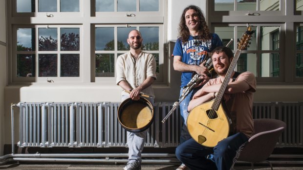 Daoiri Farrell (sitting) with Robbie Walsh and Blackie O'Connell will play the National Folk Festival 