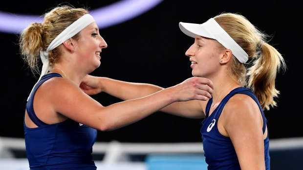 Blue on blue: Daria Gavrilova and Switzerland's Timea Bacsinszky after their third round match.
