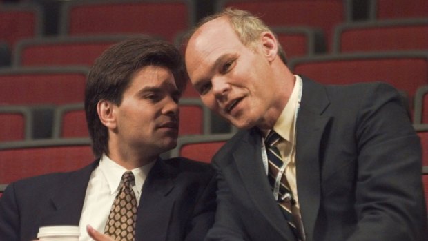 George Stephanopoulos, left, then senior adviser to President Bill Clinton, with then Clinton adviser James Carville in 1996.
